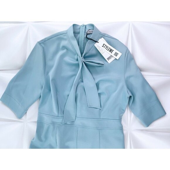 NWT Misslook Sz 4XL Blue Tie Mock Neck Sheath Dress NEW - Picture 3 of 8